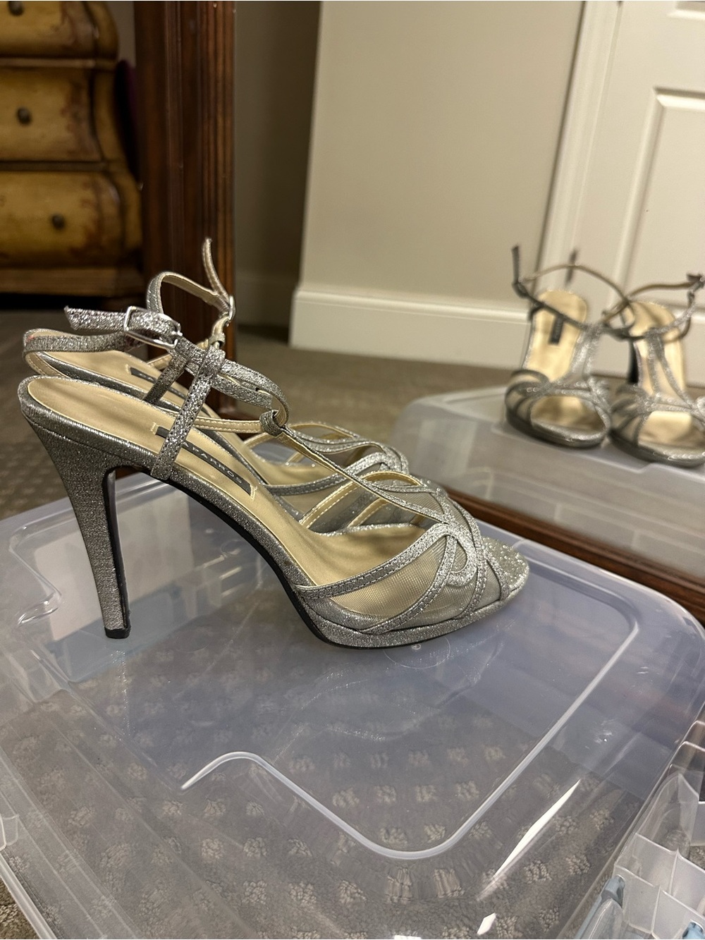 Caparros Silver Glitter Strappy High Heels